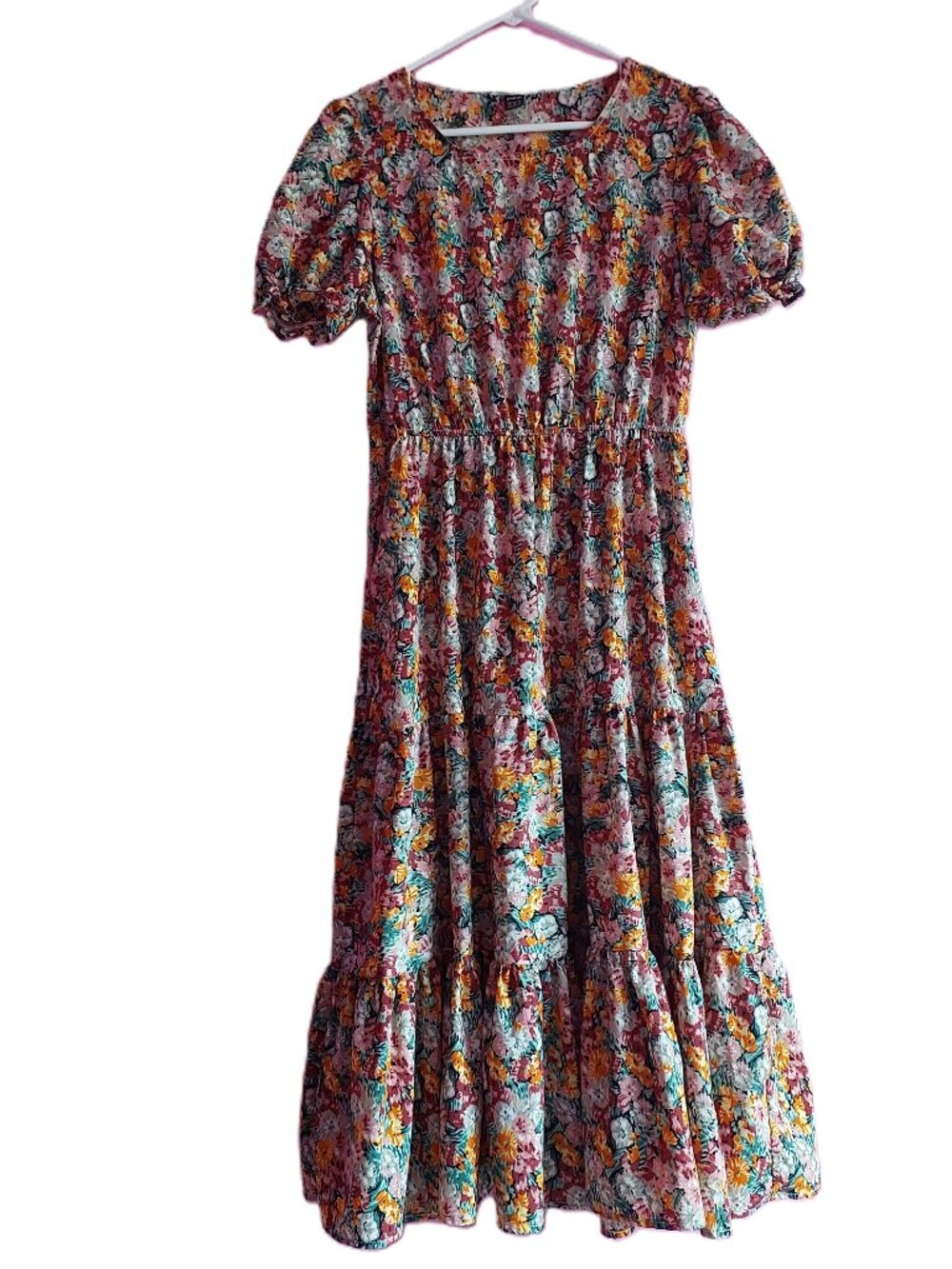 Floral all over print pink red puffed short sleeve dress. Shirring Bottoms.